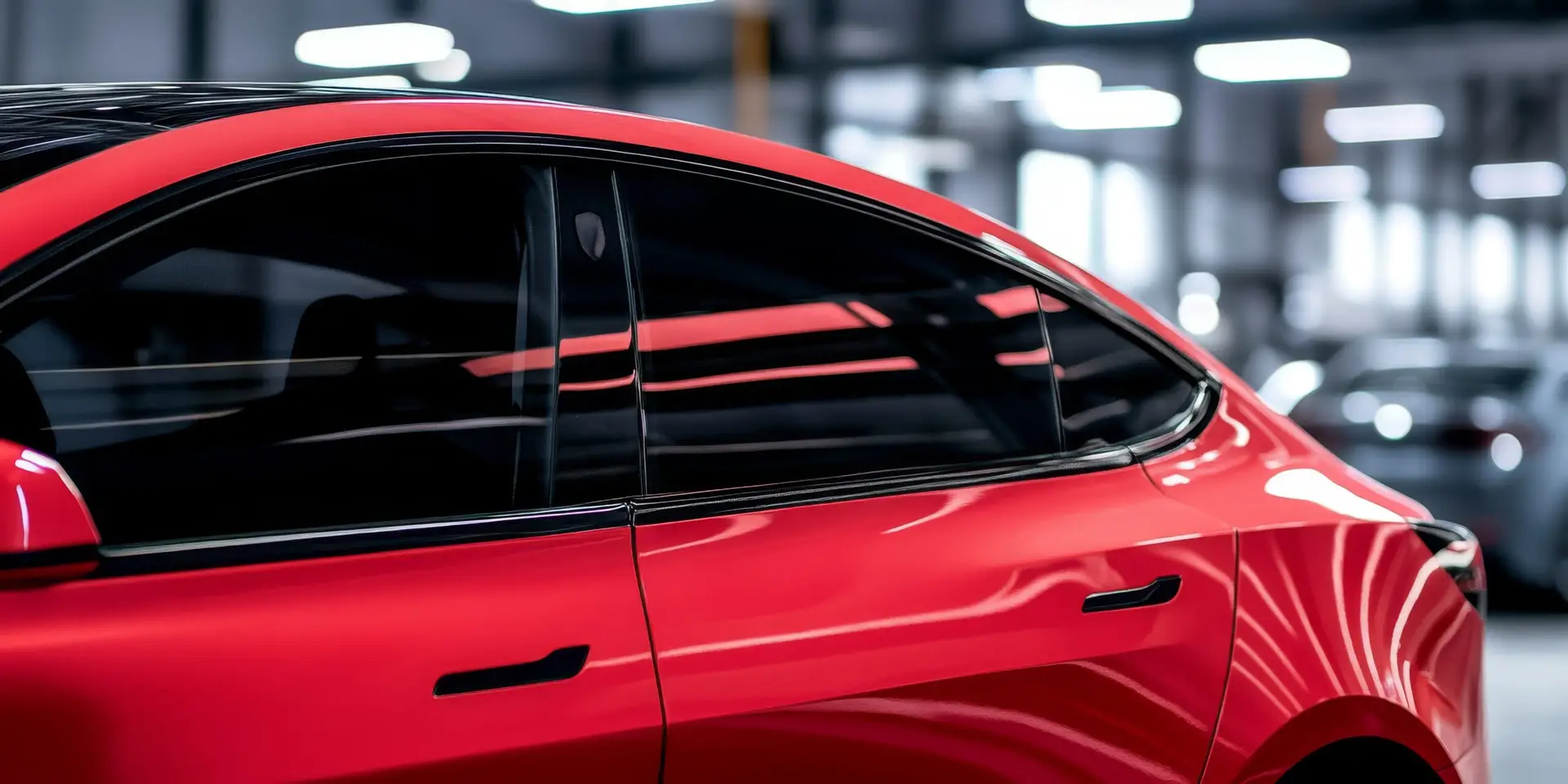 Red Tesla Model 3 side profile with dark window tinting