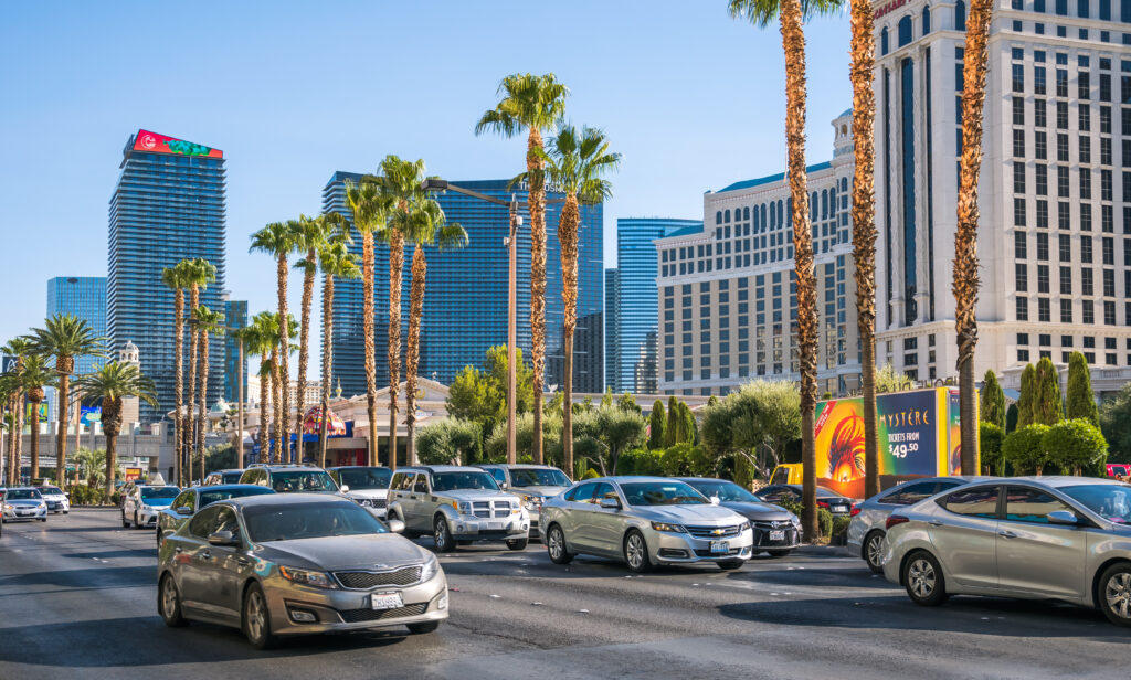 Cars driving on the Strip in Las Vegas, NV