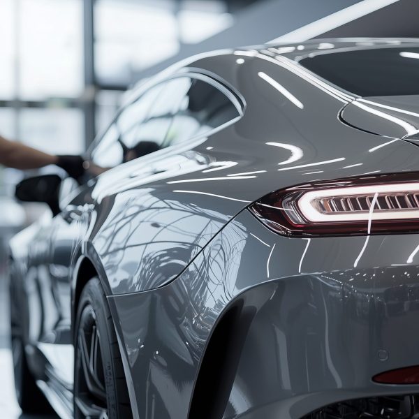 Mechanic Buffing a Ceramic Coated Car in a Modern Garage Setting A mechanic diligently buffing a ceramic coated car in a sleek garage. The reflection on the vehicle highlights the meticulous detailing and professional service in automotive care.