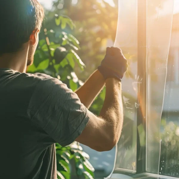 A person installing window film to block out the sunร ยนโ€รขโ€ยฌรโขs heat, helping keep the interior of the home cooler and more energy-efficient during the summer