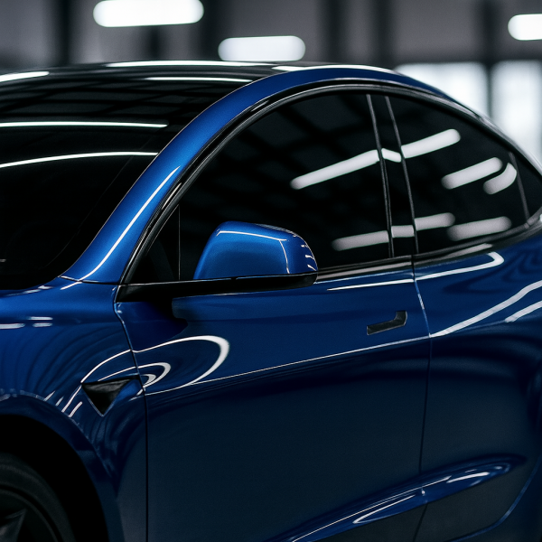 Tesla Page Image 3 Blue Tesla Model 3 side profile with dark window tinting