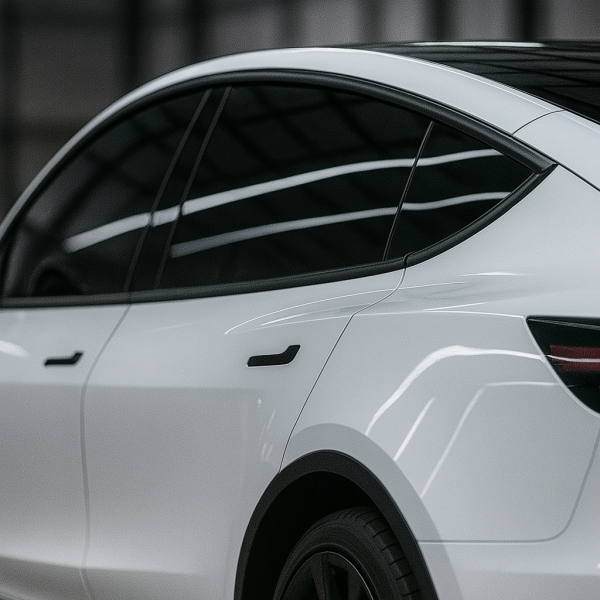 Tesla Page Image 4 White Tesla Model Y side profile with dark window tinting